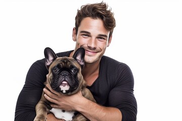 beautiful young caucasian brunette man cuddles french bulldog on white background
