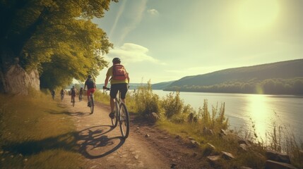 Active Lifestyle: Group of People Enjoying Cycling Adventure Along a Breathtaking Scenic Trail in Nature