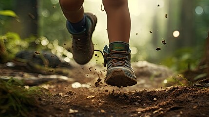 children embark on a mountain hike, showcasing their sturdy sports hiking shoes as they traverse a forest path. - obrazy, fototapety, plakaty