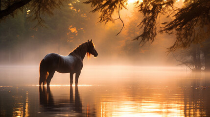 a magnificent horse stands majestically by the edge of a serene, mirror-like lake