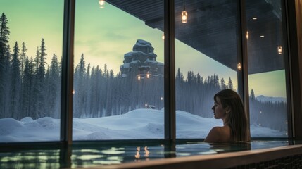 Woman Indulging in Luxurious Spa Treatments Surrounded by a Serene Snowy Landscape, Ultimate Winter Relaxation - obrazy, fototapety, plakaty