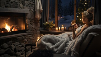 Fototapeta na wymiar Cozy Winter Evening: Woman Sipping Champagne by the Fireplace in a Warm and Inviting Room