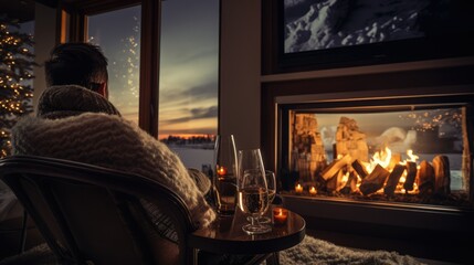Cozy Winter Evening: Person Sipping Champagne by the Fireplace in a Warm and Inviting Room - Powered by Adobe