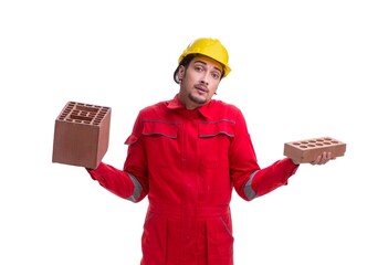 Young male mason with brick isolated on white