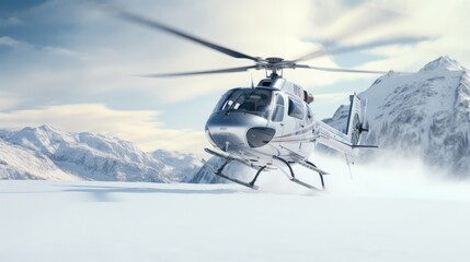 Private Helicopter Landing in Pristine Snowy Landscape during Winter Travel - obrazy, fototapety, plakaty