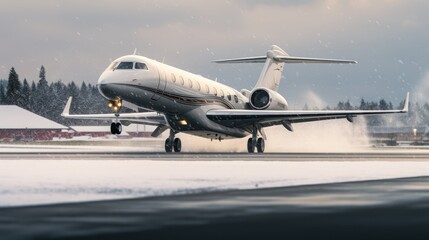 Fototapeta na wymiar Private Jet Soaring from a Snowy Runway, Luxury Travel Adventure, Jetting Off in Winter