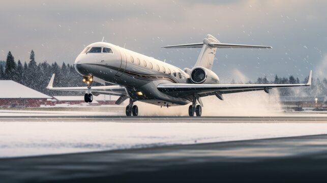 Private Jet Soaring from a Snowy Runway, Luxury Travel Adventure, Jetting Off in Winter