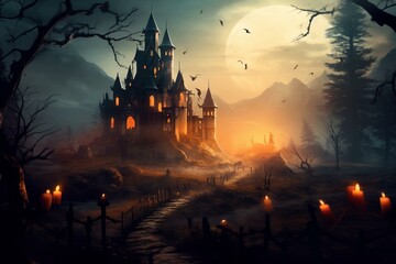 Spooky castle surrounded by cemetery on a Halloween night. Generative AI