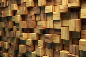 3D square tiles in a wall shape with stacked wooden blocks, forming a glossy block background. 3D rendered image. Generative AI
