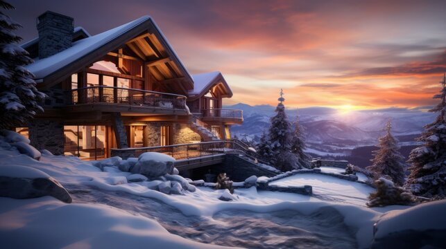 Luxury chalet villa, with stunning winter sunset