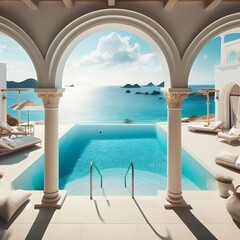 Pool with stunning sea view. Traditional mediterranean white architecture with arch. 