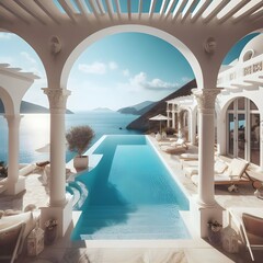 Pool with stunning sea view. Traditional mediterranean white architecture with arch. 