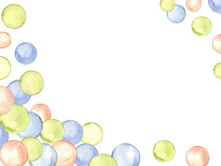 Simple frame design, greeting card with multicolored circles. Creative minimalist style. Splashes, bubbles, round doodle spots, brush strokes, stains. Watercolor illustration