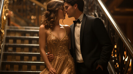 Naklejka premium A couple stealing a passionate kiss on a grand staircase, surrounded by opulent architecture