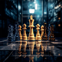 Real chess illustration image with glass chess board and dark lighting