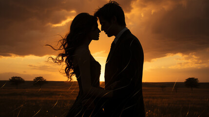 A couple's silhouette kissing against the backdrop of a dramatic, stormy sky, symbolizing their unshakeable love