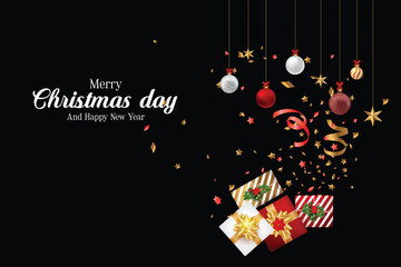Merry Christmas day and happy new year background with Christmas tree, balls, ribbon, confetti.