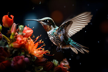 Hummingbird in flight with flowers on black background. Collage. ia generated