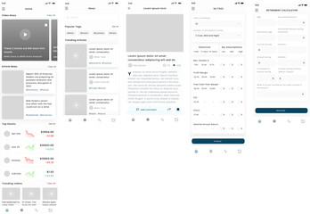 Financial statement, investing, economic, stock and Trading News and Retirement Calculator App Ui Kit - obrazy, fototapety, plakaty