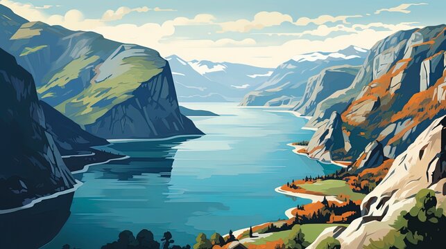 Colorful retro style illustration travel poster of a Scandinavian fjord. © W&S Stock