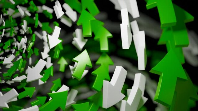Abstract flying arrows animation. Deign. 3D colorful arrows creating effect of swirl.