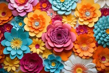 Colorful floral wallpaper with vibrant 3D paper flowers, perfect for spring and summer. Generative AI