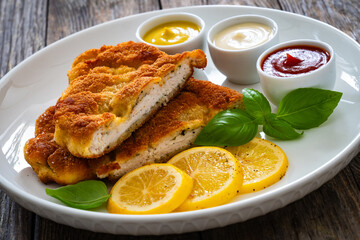 Crispy breaded seared chicken cutlet with lemon slices and fresh vegetables on wooden table
