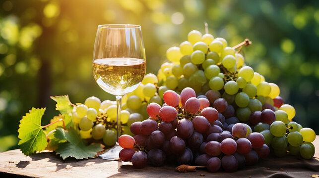A glass of wine among a bunch of grapes in the rays of the setting sun.
