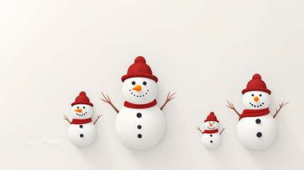 Snowman family on light background. Copy space