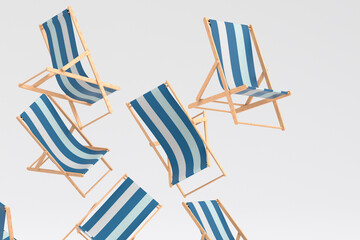 Many of flying striped beach chairs for summer getaways isolated on white