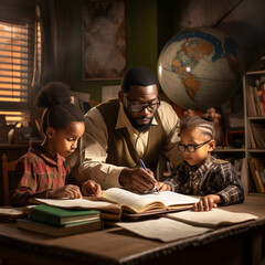 Black teacher giving a class to his students. - obrazy, fototapety, plakaty