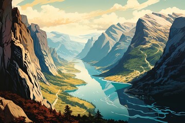 Colorful retro style illustration travel poster of a Scandinavian fjord.