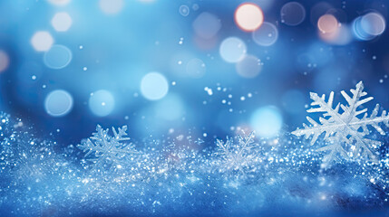 Fototapeta na wymiar Winter background. Snowflakes and beautiful bokeh lights. New Year's holiday Christmas