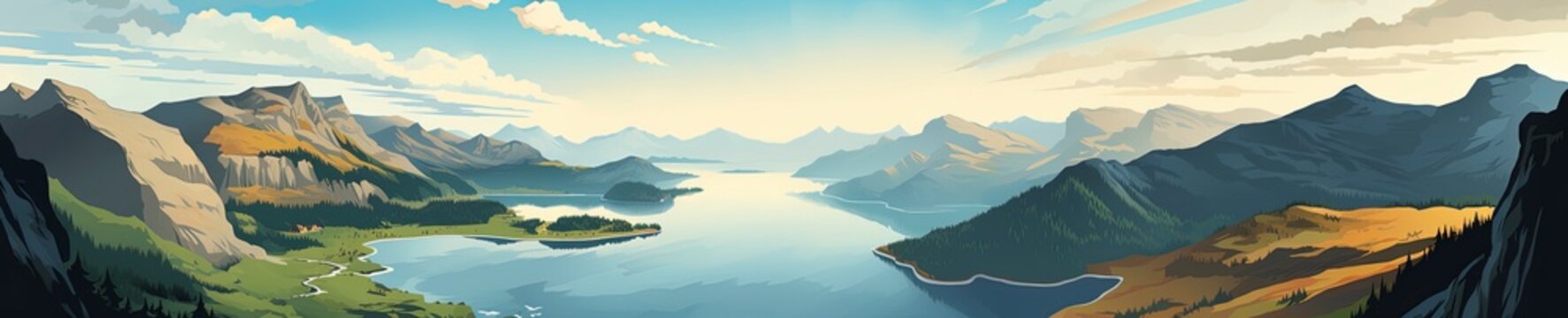 Fototapeta Colorful retro style illustration travel poster of a Scandinavian fjord.