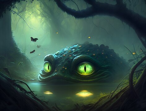 Swamp by MrX 0 wide shot of giant oversize surreal fat fantasy swamp toad with big luminescent eyes 5 in a misty bioluminescent fantasy fungus swamp 3 with thick dark smoke 2 dark mode vibrant 