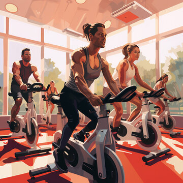 Group of sporty people doing a spinning class.