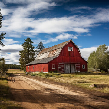 Red wooden barn in the field.