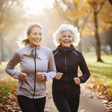 Senior women running through the park during the morning.
