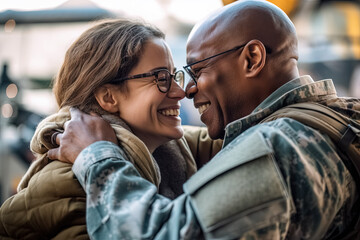 Wife welcoming husband home on army leave. Generative Ai - Powered by Adobe