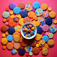 Fototapeta na wymiar Bowl of colorful cookies and bowl of candy on pink background.