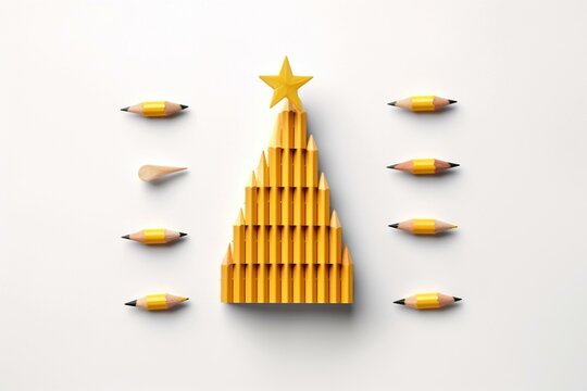A unique pencil Christmas tree with a yellow star on top, on a white background. Festive flat lay. Generative AI