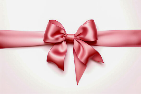 Pink bow with long tail on white background with shadow.