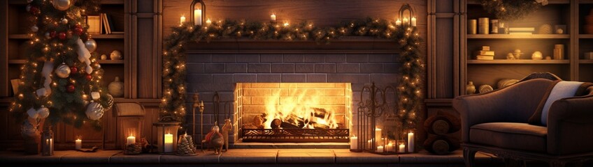 A cozy fireplace adorned with New Year's decorations, including "2024" in shimmering lights, providing a warm and inviting atmosphere for your message