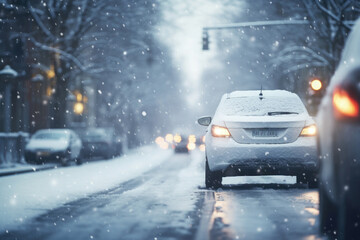 Driving car on slippery snowy street in city. Road traffic and accidents at winter season - obrazy, fototapety, plakaty