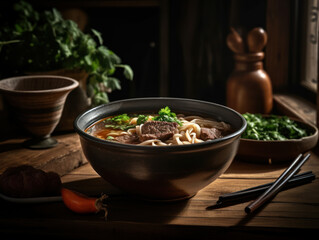 Beef Noodle Soup in a rustic kitchen