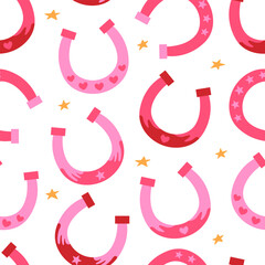 Seamless pattern with cute pink horseshoes. Vector flat background in western cowgirl concept - obrazy, fototapety, plakaty