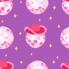 Seamless pattern with disco balls and cowboy hat. Vector flat background in cowgirl disco concept