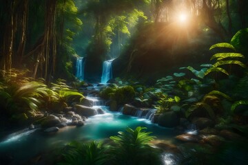 Fototapeta premium A fantasy forest scene with tropical trees and wildflowers - AI Generative