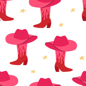 Seamless pattern with pink cowboy boots, hats and stars. Vector flat background with cowgirl accessories