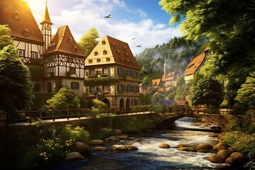 Fototapeta na wymiar Beautiful European village with historic houses. Generative AI